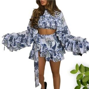Blue V-Neck‎ Collar Blouse with Butterfly Ruffle Sleeves and Skirt Outfit Set